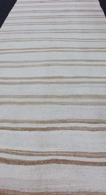 Vintage Turkish Kilim Runner with Stripe Design in Light Brown and Cream Tones Stripe design Kilim runner in cream and taupe, Keivan Woven Arts / rug en - 165951, country of origin / type: Turkey / Kilim, circa 1950 This flat - woven Kilim ru... - Keivan Woven ArtsEN - 176743 - 11952Rug