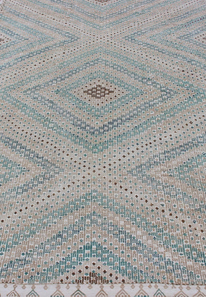 Diamond Design Vintage Turkish Embroidered Kilim in Tan, blue, Cream, and Light Green. Keivan Woven Arts / rug/EN - 176753, country of origin / type: Turkey / Kilim, circa 1950 Measures: 6'1 x 9'2 This Embroidered kilim rug from Turkey fea... - Keivan Woven ArtsEN - 176753 - 11239Rug