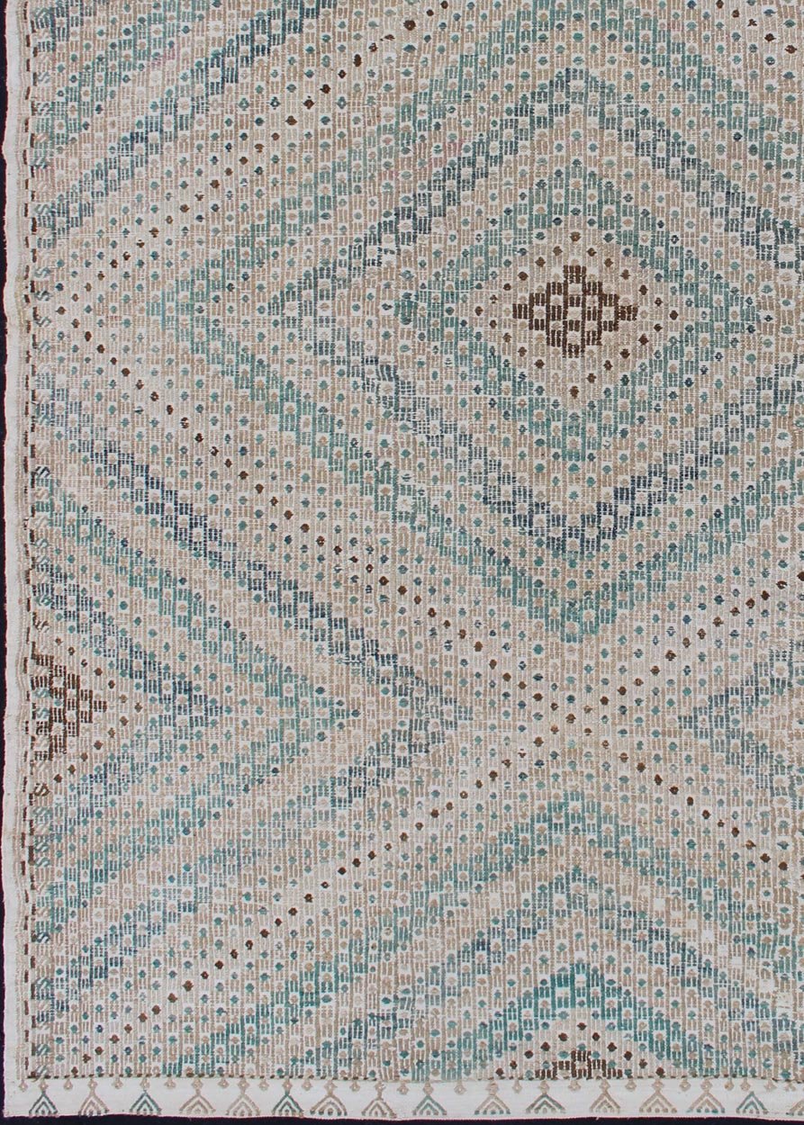 Diamond Design Vintage Turkish Embroidered Kilim in Tan, blue, Cream, and Light Green. Keivan Woven Arts / rug/EN - 176753, country of origin / type: Turkey / Kilim, circa 1950 Measures: 6'1 x 9'2 This Embroidered kilim rug from Turkey fea... - Keivan Woven ArtsEN - 176753 - 11239Rug