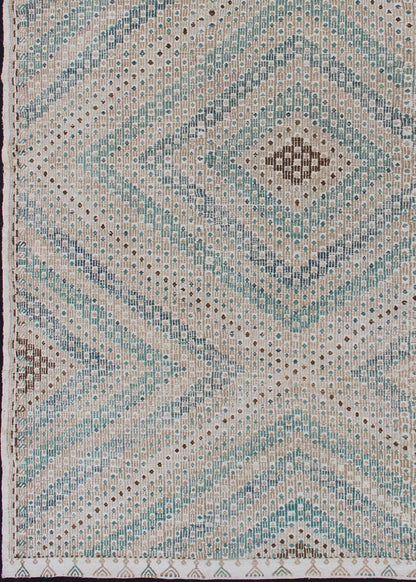 Diamond Design Vintage Turkish Embroidered Kilim in Tan, blue, Cream, and Light Green. Keivan Woven Arts / rug/EN - 176753, country of origin / type: Turkey / Kilim, circa 1950 Measures: 6'1 x 9'2 This Embroidered kilim rug from Turkey fea... - Keivan Woven ArtsEN - 176753 - 11239Rug