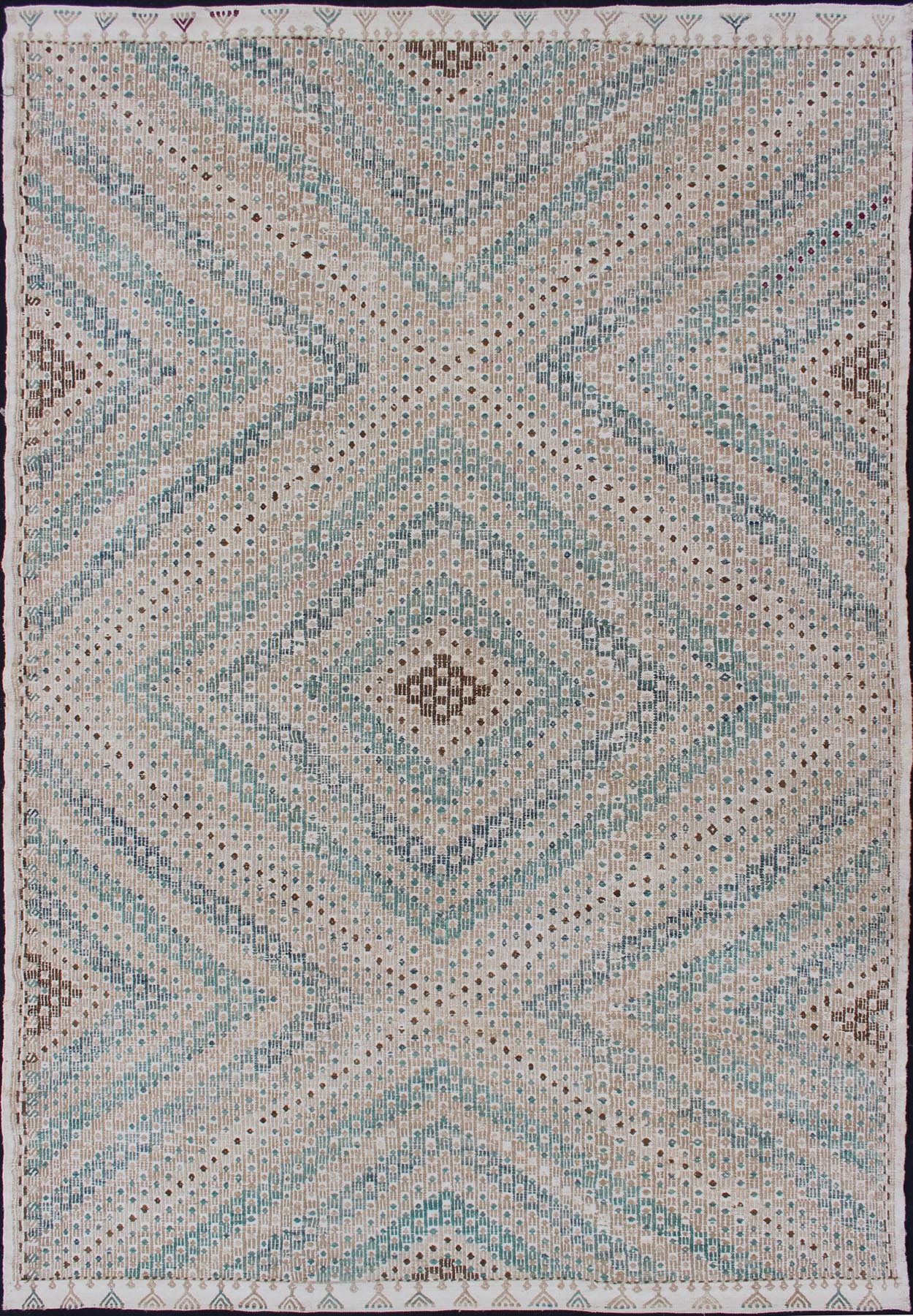 Diamond Design Vintage Turkish Embroidered Kilim in Tan, blue, Cream, and Light Green. Keivan Woven Arts / rug/EN - 176753, country of origin / type: Turkey / Kilim, circa 1950 Measures: 6'1 x 9'2 This Embroidered kilim rug from Turkey fea... - Keivan Woven ArtsEN - 176753 - 11239Rug
