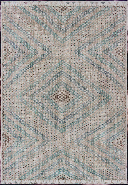 Diamond Design Vintage Turkish Embroidered Kilim in Tan, blue, Cream, and Light Green. Keivan Woven Arts / rug/EN - 176753, country of origin / type: Turkey / Kilim, circa 1950 Measures: 6'1 x 9'2 This Embroidered kilim rug from Turkey fea... - Keivan Woven ArtsEN - 176753 - 11239Rug