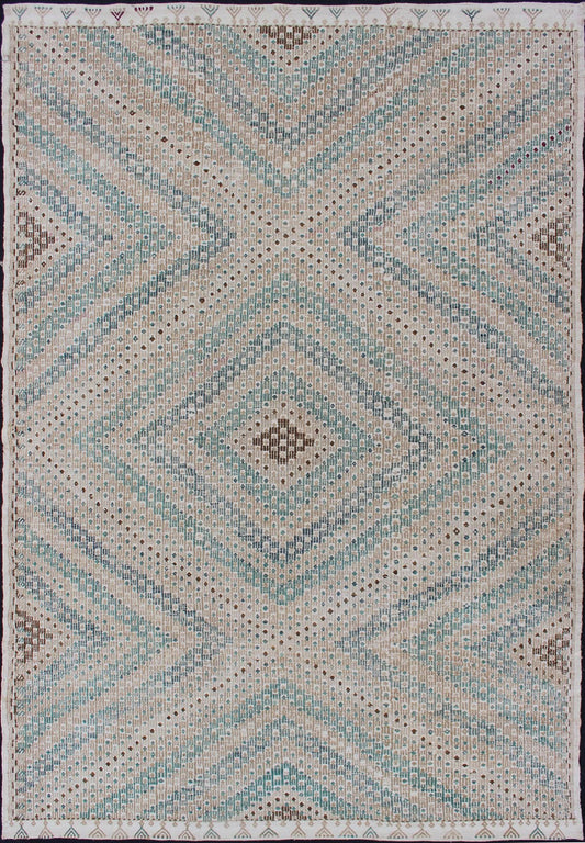 Diamond Design Vintage Turkish Embroidered Kilim in Tan, blue, Cream, and Light Green. Keivan Woven Arts / rug/EN - 176753, country of origin / type: Turkey / Kilim, circa 1950 Measures: 6'1 x 9'2 This Embroidered kilim rug from Turkey fea... - Keivan Woven ArtsEN - 176753 - 11239Rug