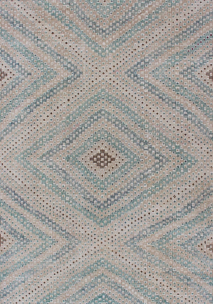 Diamond Design Vintage Turkish Embroidered Kilim in Tan, blue, Cream, and Light Green. Keivan Woven Arts / rug/EN - 176753, country of origin / type: Turkey / Kilim, circa 1950 Measures: 6'1 x 9'2 This Embroidered kilim rug from Turkey fea... - Keivan Woven ArtsEN - 176753 - 11239Rug