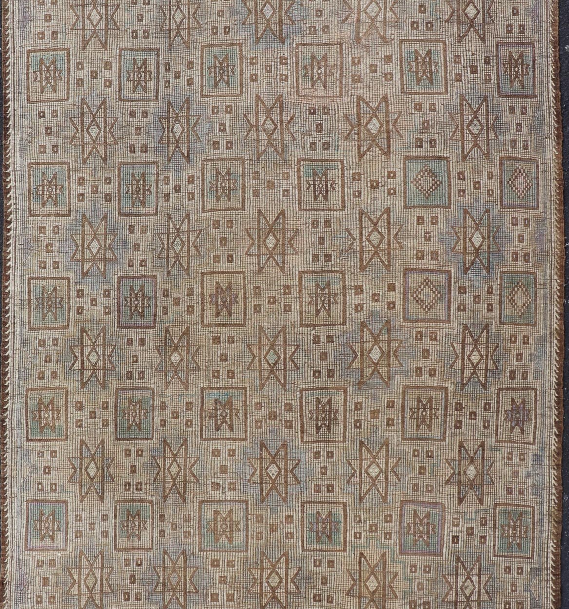 Vintage Turkish Embroidered Kilim in Light Green, Tan, and Hints of Lavender Measures: 5'0 x 9'8 This vintage flat weave Kilim was hand woven in Turkey during the 1950's. The light taupe field is decorated with tribal - like motifs, with ... - Keivan Woven ArtsEN - 176775 - 18878Rug