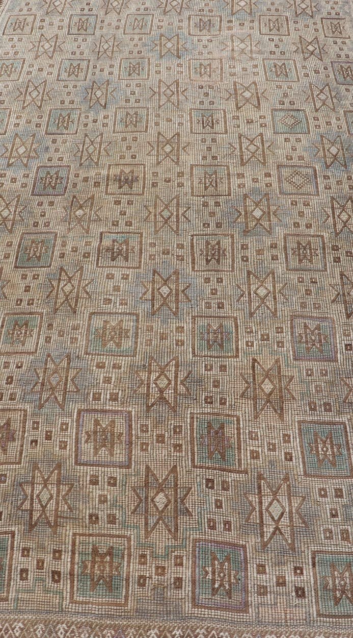 Vintage Turkish Embroidered Kilim in Light Green, Tan, and Hints of Lavender Measures: 5'0 x 9'8 This vintage flat weave Kilim was hand woven in Turkey during the 1950's. The light taupe field is decorated with tribal - like motifs, with ... - Keivan Woven ArtsEN - 176775 - 18878Rug