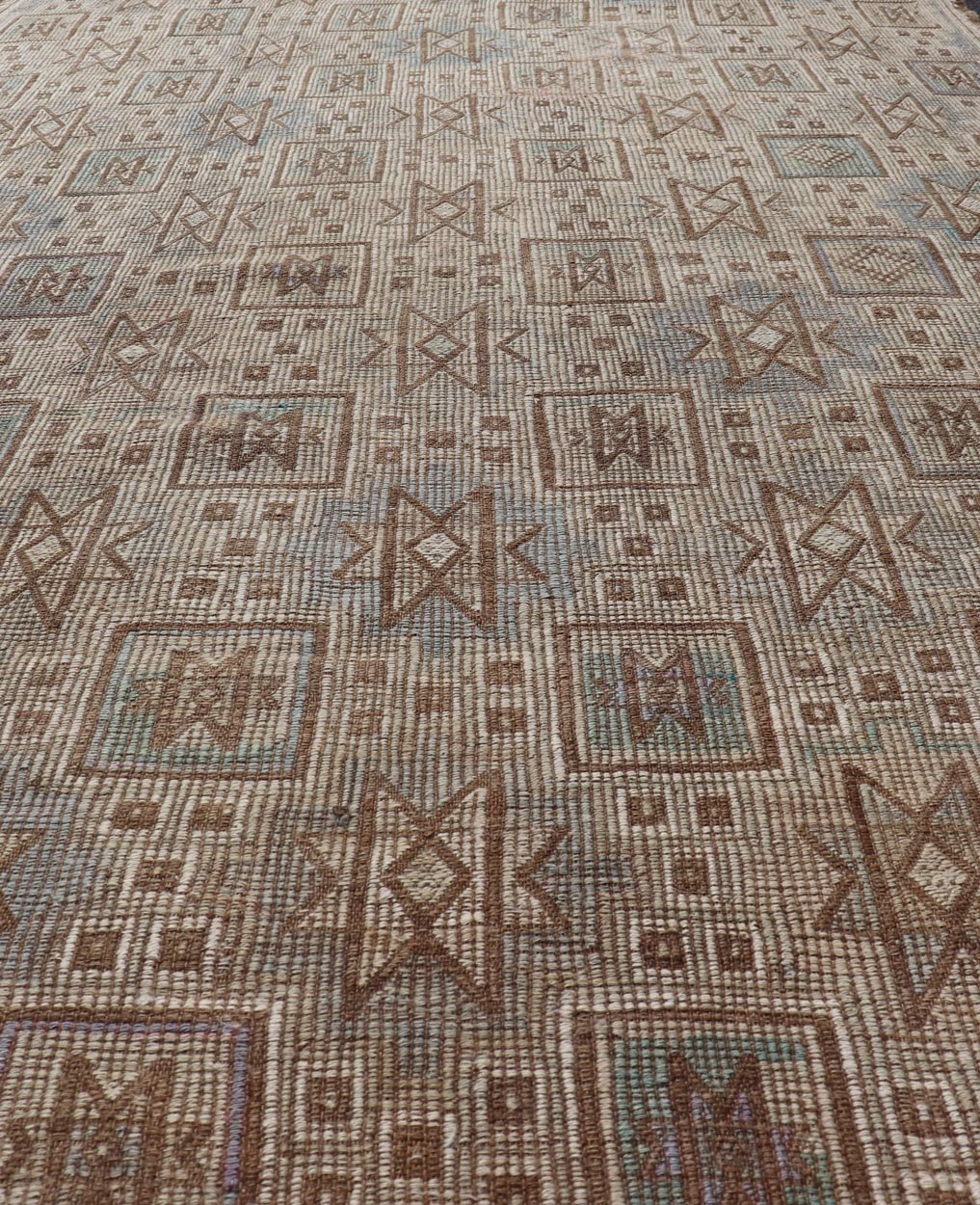 Vintage Turkish Embroidered Kilim in Light Green, Tan, and Hints of Lavender Measures: 5'0 x 9'8 This vintage flat weave Kilim was hand woven in Turkey during the 1950's. The light taupe field is decorated with tribal - like motifs, with ... - Keivan Woven ArtsEN - 176775 - 18878Rug