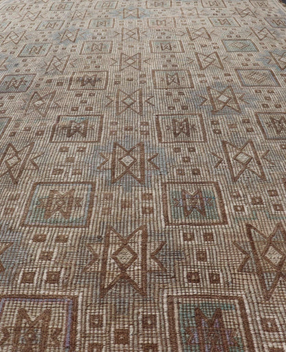 Vintage Turkish Embroidered Kilim in Light Green, Tan, and Hints of Lavender Measures: 5'0 x 9'8 This vintage flat weave Kilim was hand woven in Turkey during the 1950's. The light taupe field is decorated with tribal - like motifs, with ... - Keivan Woven ArtsEN - 176775 - 18878Rug