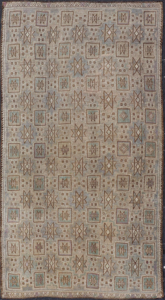 Vintage Turkish Embroidered Kilim in Light Green, Tan, and Hints of Lavender Measures: 5'0 x 9'8 This vintage flat weave Kilim was hand woven in Turkey during the 1950's. The light taupe field is decorated with tribal - like motifs, with ... - Keivan Woven ArtsEN - 176775 - 18878Rug