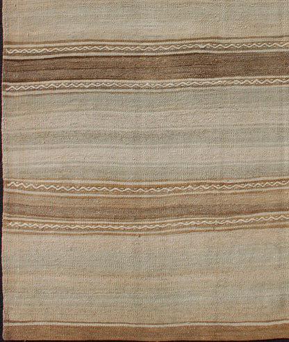 Turkish Vintage Kilim Rug With in Tan, Taupe, Brown, Faint Gray Blue, and Earth Tones. Minimalist stripe design Kilim from Turkey, Keivan Woven Arts/rug EN - 1768322, country of origin / type: Turkey / Kilim, circa 1950 This vintage flat - wo... - Keivan Woven ArtsEN - 1768322 - 11054Rug