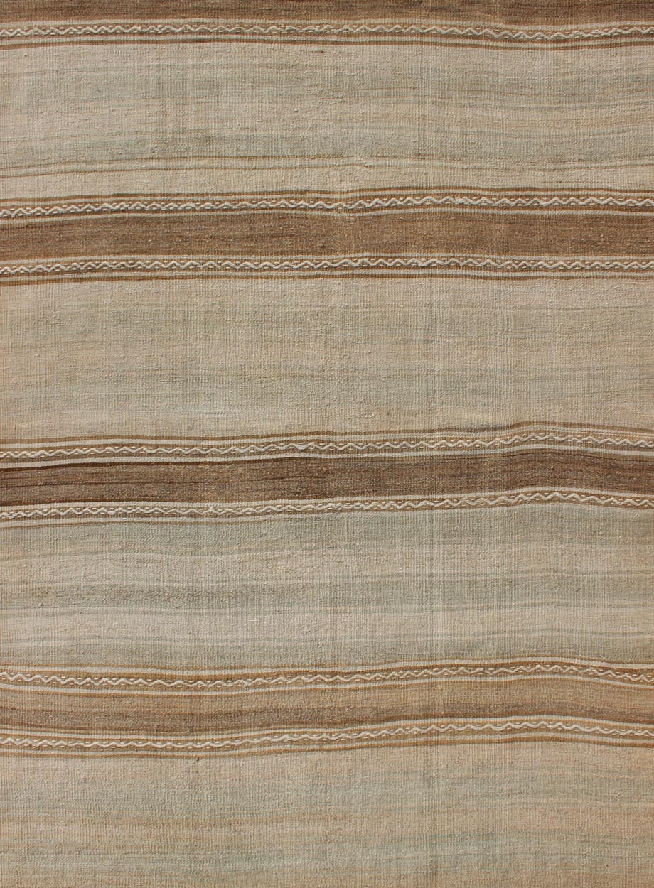 Turkish Vintage Kilim Rug With in Tan, Taupe, Brown, Faint Gray Blue, and Earth Tones. Minimalist stripe design Kilim from Turkey, Keivan Woven Arts/rug EN - 1768322, country of origin / type: Turkey / Kilim, circa 1950 This vintage flat - wo... - Keivan Woven ArtsEN - 1768322 - 11054Rug