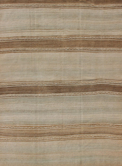Turkish Vintage Kilim Rug With in Tan, Taupe, Brown, Faint Gray Blue, and Earth Tones. Minimalist stripe design Kilim from Turkey, Keivan Woven Arts/rug EN - 1768322, country of origin / type: Turkey / Kilim, circa 1950 This vintage flat - wo... - Keivan Woven ArtsEN - 1768322 - 11054Rug