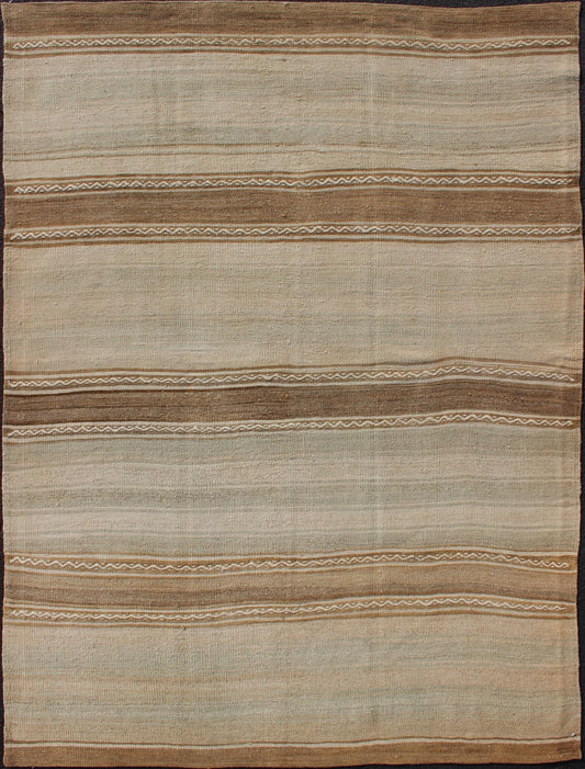 Turkish Vintage Kilim Rug With in Tan, Taupe, Brown, Faint Gray Blue, and Earth Tones. Minimalist stripe design Kilim from Turkey, Keivan Woven Arts/rug EN - 1768322, country of origin / type: Turkey / Kilim, circa 1950 This vintage flat - wo... - Keivan Woven ArtsEN - 1768322 - 11054Rug