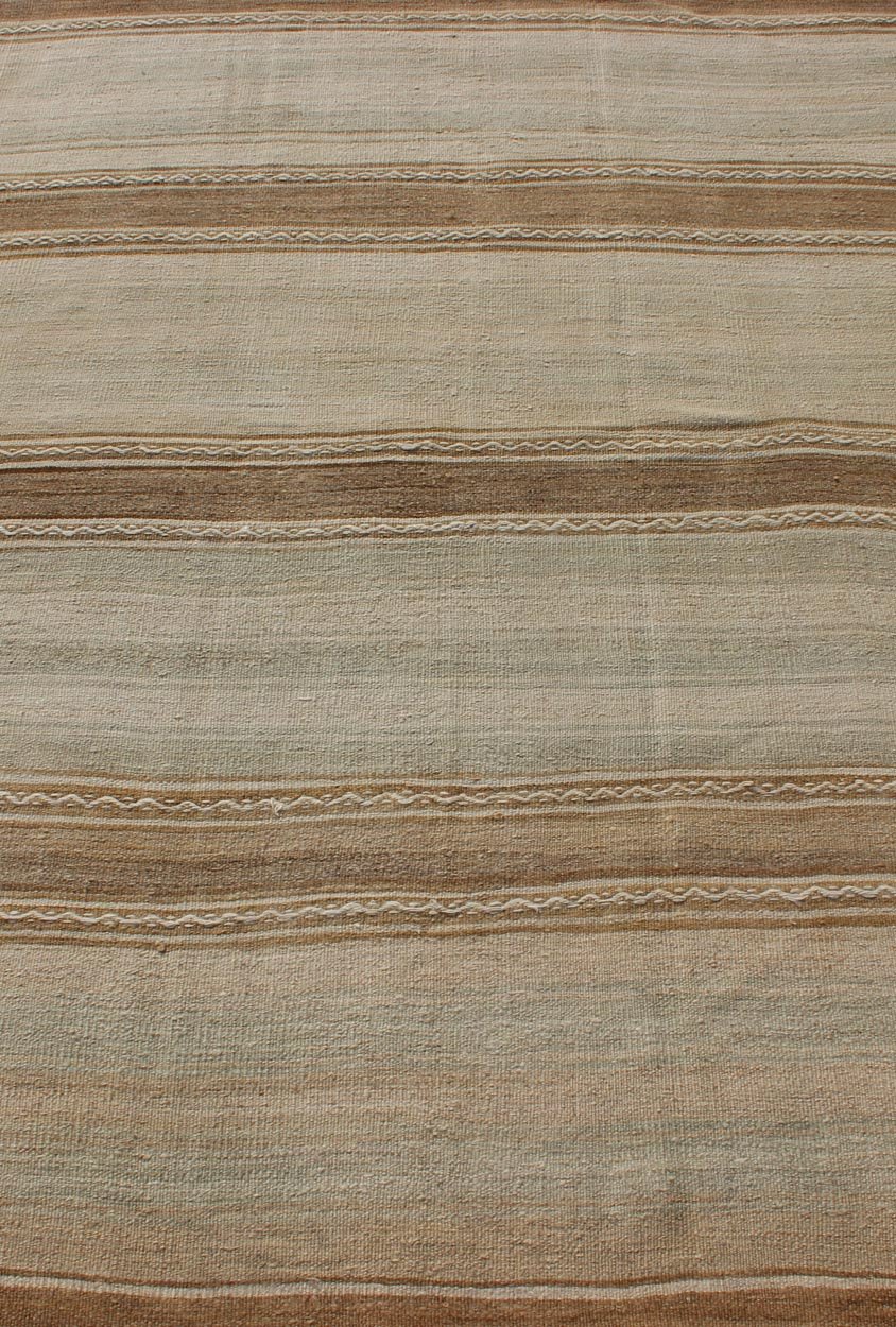 Turkish Vintage Kilim Rug With in Tan, Taupe, Brown, Faint Gray Blue, and Earth Tones. Minimalist stripe design Kilim from Turkey, Keivan Woven Arts/rug EN - 1768322, country of origin / type: Turkey / Kilim, circa 1950 This vintage flat - wo... - Keivan Woven ArtsEN - 1768322 - 11054Rug