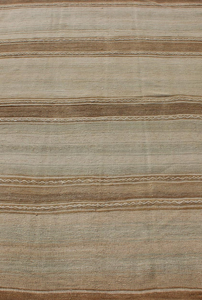 Turkish Vintage Kilim Rug With in Tan, Taupe, Brown, Faint Gray Blue, and Earth Tones. Minimalist stripe design Kilim from Turkey, Keivan Woven Arts/rug EN - 1768322, country of origin / type: Turkey / Kilim, circa 1950 This vintage flat - wo... - Keivan Woven ArtsEN - 1768322 - 11054Rug