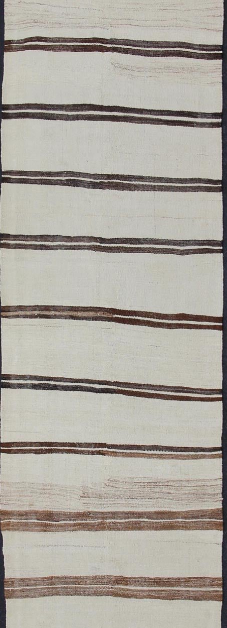 Minimalist Design Vintage Long Kilim Runner with Stripes in Brown and Ivory kwarugs Vintage Turkish Kilim vintage runner with modern/contemporary stripe design. Keivan Woven Arts / rug EN - 176842, country of origin / type: Turkey / Kilim, circa 1... - Keivan Woven ArtsEN - 176842 - 11405Rug