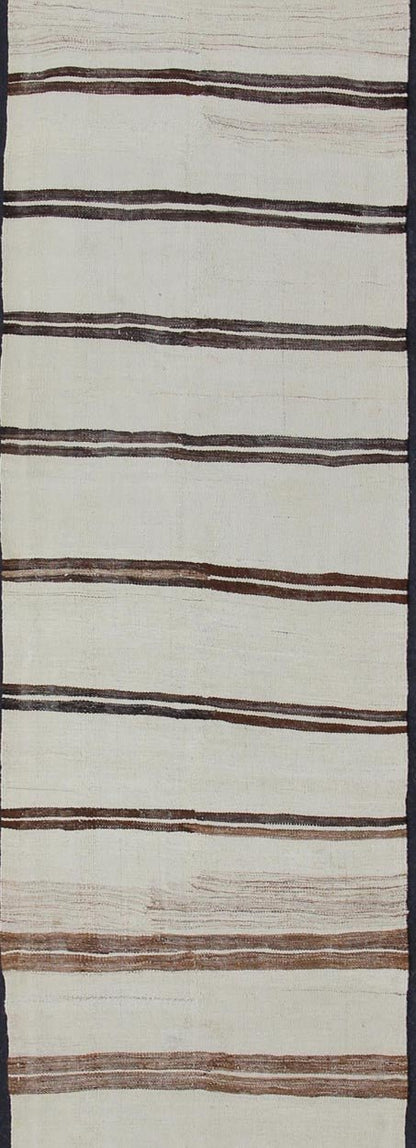 Minimalist Design Vintage Long Kilim Runner with Stripes in Brown and Ivory kwarugs Vintage Turkish Kilim vintage runner with modern/contemporary stripe design. Keivan Woven Arts / rug EN - 176842, country of origin / type: Turkey / Kilim, circa 1... - Keivan Woven ArtsEN - 176842 - 11405Rug