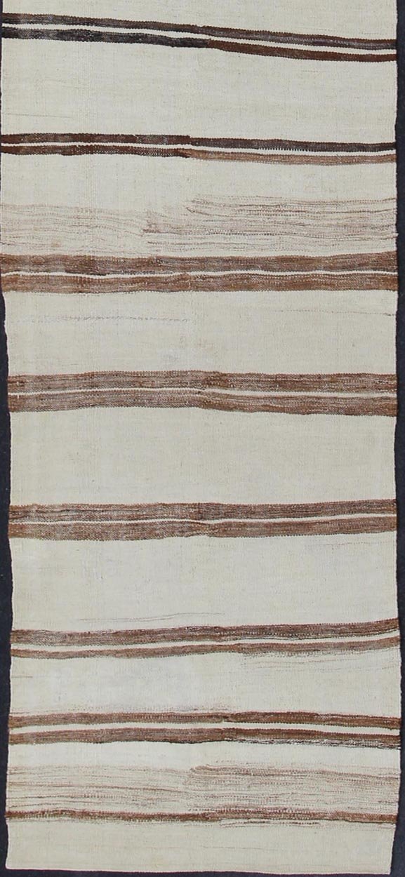 Minimalist Design Vintage Long Kilim Runner with Stripes in Brown and Ivory kwarugs Vintage Turkish Kilim vintage runner with modern/contemporary stripe design. Keivan Woven Arts / rug EN - 176842, country of origin / type: Turkey / Kilim, circa 1... - Keivan Woven ArtsEN - 176842 - 11405Rug