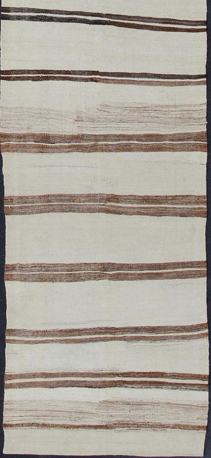 Minimalist Design Vintage Long Kilim Runner with Stripes in Brown and Ivory kwarugs Vintage Turkish Kilim vintage runner with modern/contemporary stripe design. Keivan Woven Arts / rug EN - 176842, country of origin / type: Turkey / Kilim, circa 1... - Keivan Woven ArtsEN - 176842 - 11405Rug