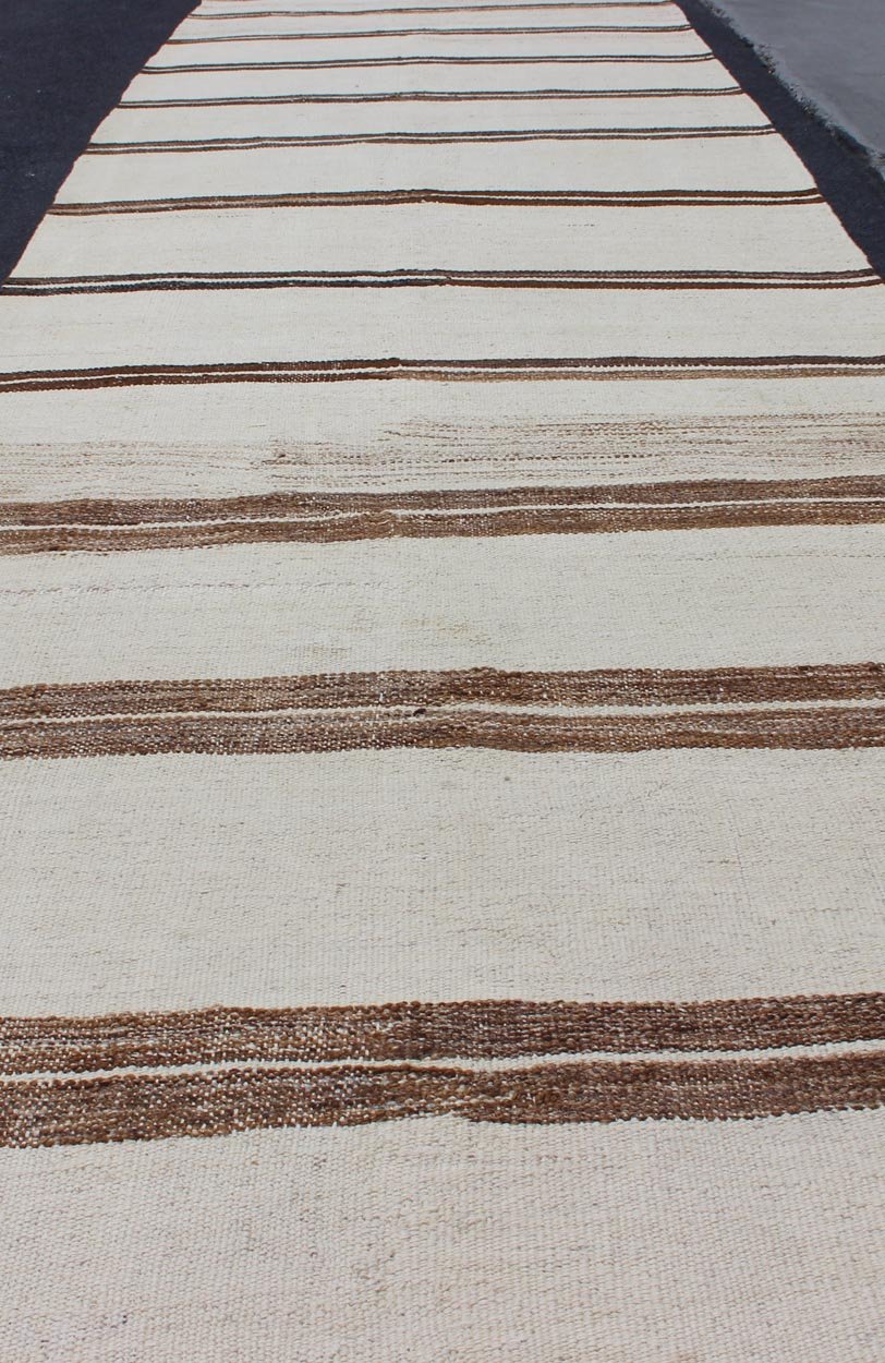 Minimalist Design Vintage Long Kilim Runner with Stripes in Brown and Ivory kwarugs Vintage Turkish Kilim vintage runner with modern/contemporary stripe design. Keivan Woven Arts / rug EN - 176842, country of origin / type: Turkey / Kilim, circa 1... - Keivan Woven ArtsEN - 176842 - 11405Rug