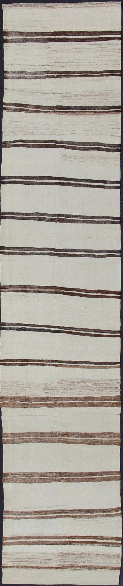 Minimalist Design Vintage Long Kilim Runner with Stripes in Brown and Ivory kwarugs Vintage Turkish Kilim vintage runner with modern/contemporary stripe design. Keivan Woven Arts / rug EN - 176842, country of origin / type: Turkey / Kilim, circa 1... - Keivan Woven ArtsEN - 176842 - 11405Rug