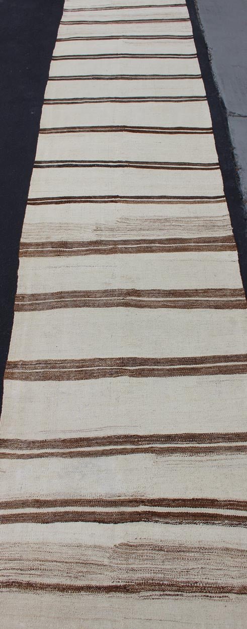 Minimalist Design Vintage Long Kilim Runner with Stripes in Brown and Ivory kwarugs Vintage Turkish Kilim vintage runner with modern/contemporary stripe design. Keivan Woven Arts / rug EN - 176842, country of origin / type: Turkey / Kilim, circa 1... - Keivan Woven ArtsEN - 176842 - 11405Rug