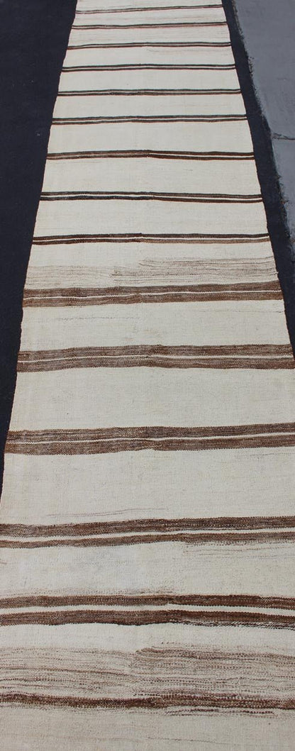 Minimalist Design Vintage Long Kilim Runner with Stripes in Brown and Ivory kwarugs Vintage Turkish Kilim vintage runner with modern/contemporary stripe design. Keivan Woven Arts / rug EN - 176842, country of origin / type: Turkey / Kilim, circa 1... - Keivan Woven ArtsEN - 176842 - 11405Rug