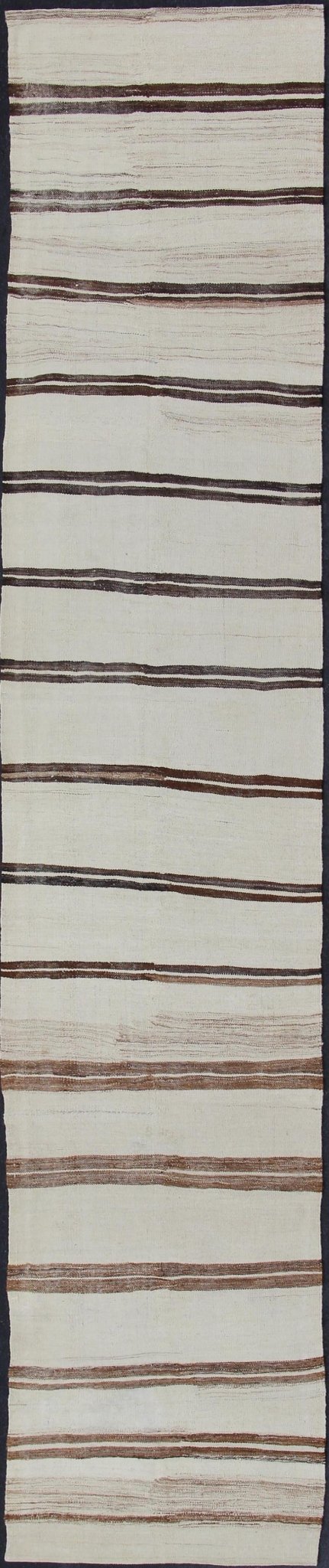 Minimalist Design Vintage Long Kilim Runner with Stripes in Brown and Ivory kwarugs Vintage Turkish Kilim vintage runner with modern/contemporary stripe design. Keivan Woven Arts / rug EN - 176842, country of origin / type: Turkey / Kilim, circa 1... - Keivan Woven ArtsEN - 176842 - 11405