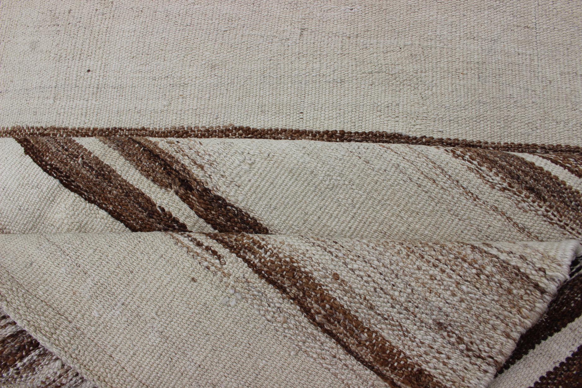 Minimalist Design Vintage Long Kilim Runner with Stripes in Brown and Ivory kwarugs Vintage Turkish Kilim vintage runner with modern/contemporary stripe design. Keivan Woven Arts / rug EN - 176842, country of origin / type: Turkey / Kilim, circa 1... - Keivan Woven ArtsEN - 176842 - 11405Rug