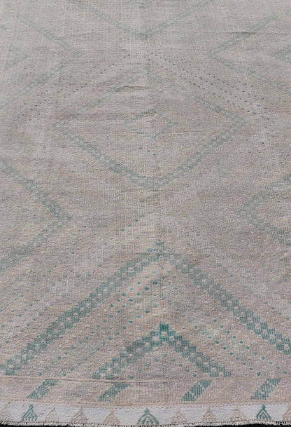 Embroidered Vintage Hand Woven Turkish Kilim with Geometric Diamond Design Embroidered vintage kilim rug from Turkey in shades of tan, light green, light gray, and cream with geometric pattern, Keivan Woven Arts / rug EN - 176848, country of orig... - Keivan Woven ArtsEN - 176848 - 18776Rug