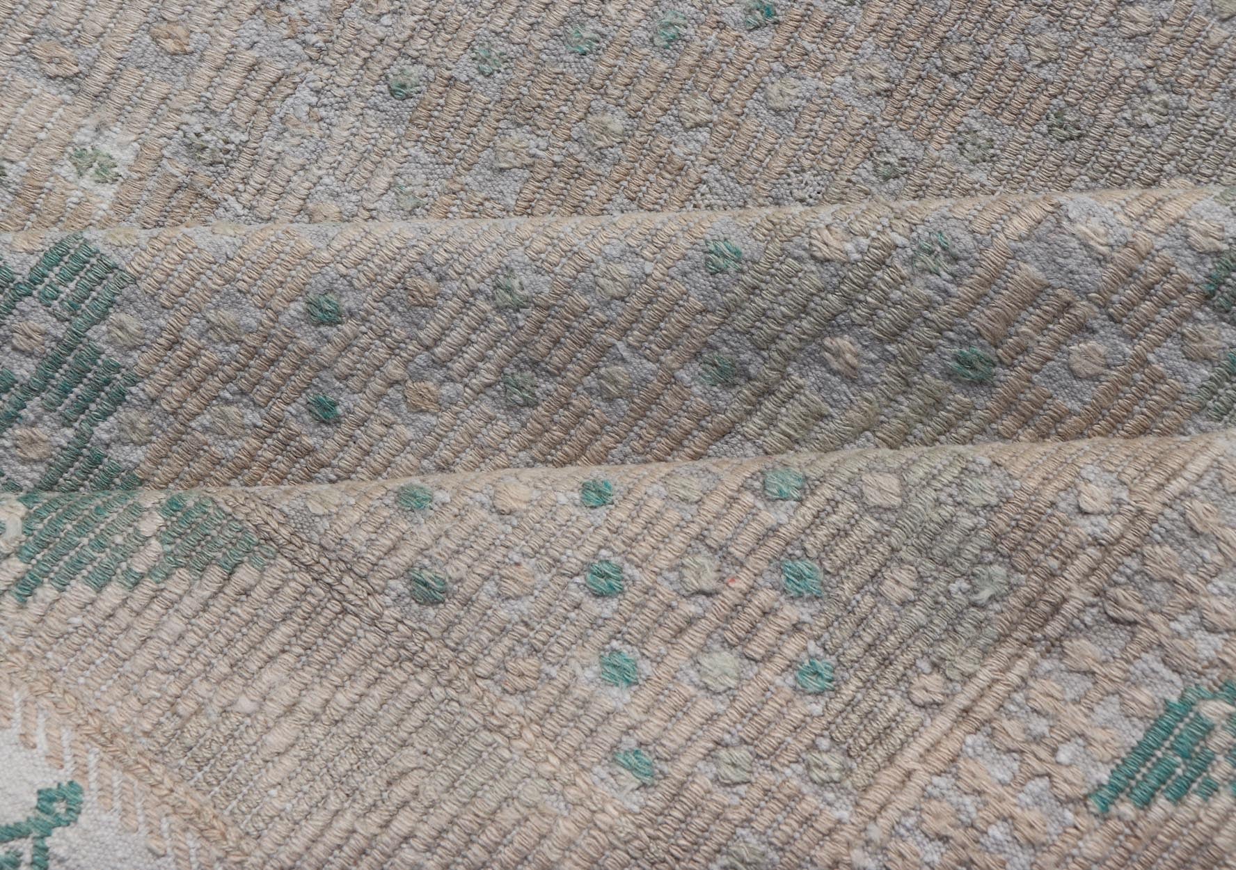 Embroidered Vintage Hand Woven Turkish Kilim with Geometric Diamond Design Embroidered vintage kilim rug from Turkey in shades of tan, light green, light gray, and cream with geometric pattern, Keivan Woven Arts / rug EN - 176848, country of orig... - Keivan Woven ArtsEN - 176848 - 18776Rug