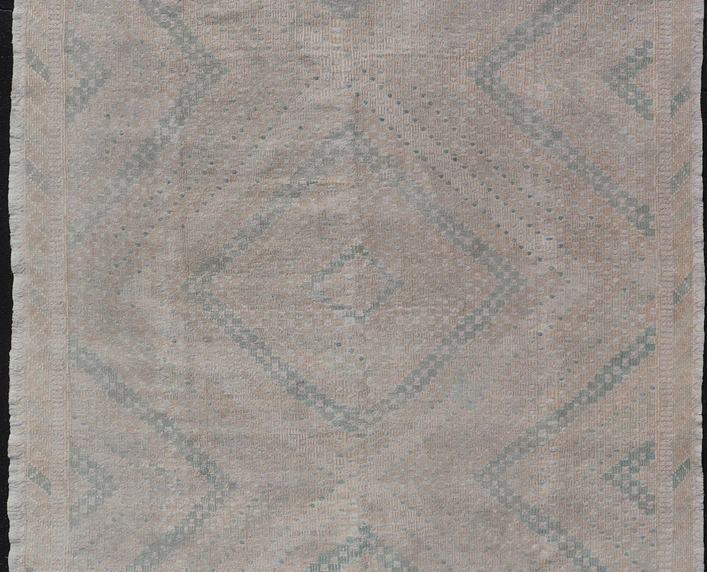 Embroidered Vintage Hand Woven Turkish Kilim with Geometric Diamond Design Embroidered vintage kilim rug from Turkey in shades of tan, light green, light gray, and cream with geometric pattern, Keivan Woven Arts / rug EN - 176848, country of orig... - Keivan Woven ArtsEN - 176848 - 18776Rug