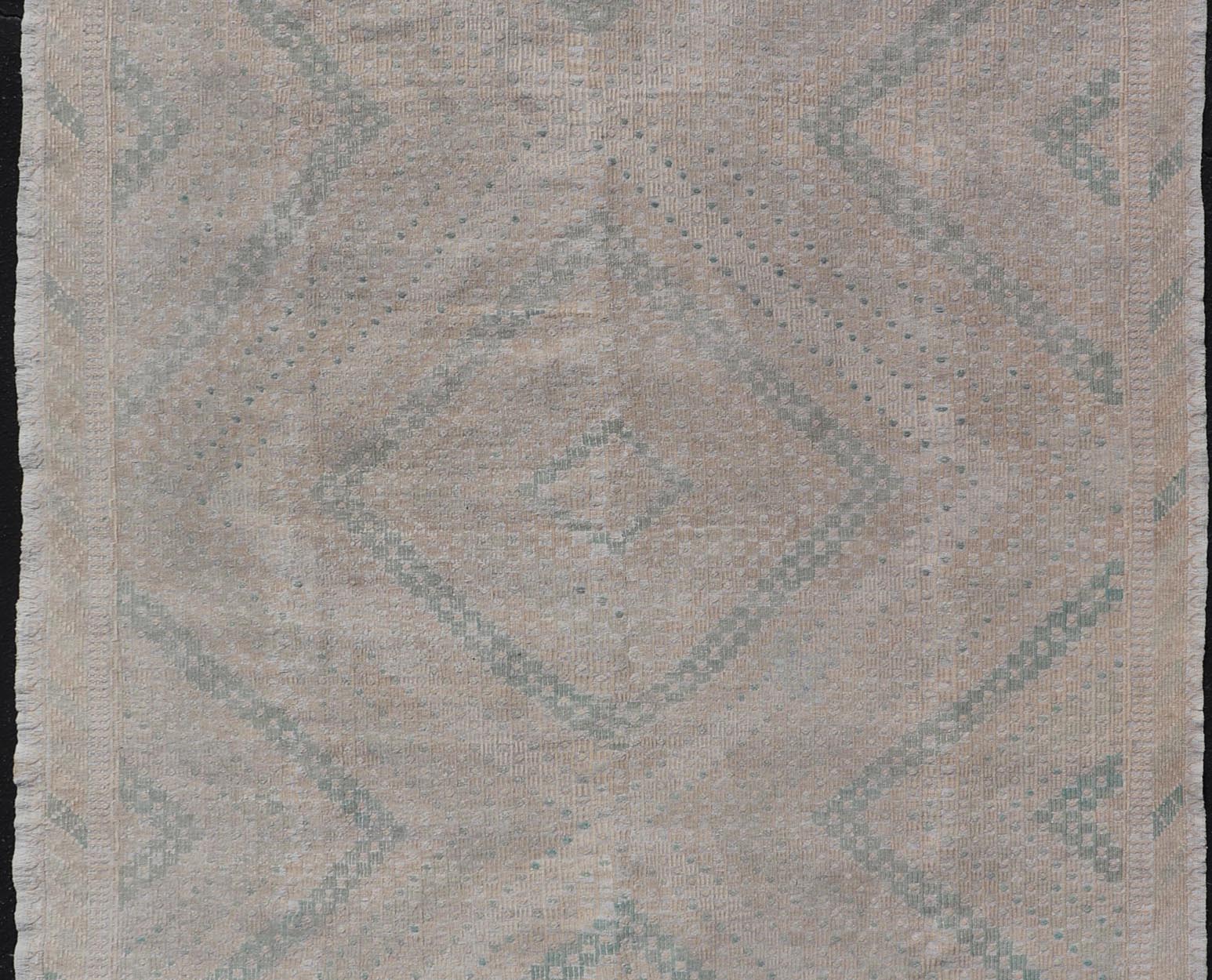 Embroidered Vintage Hand Woven Turkish Kilim with Geometric Diamond Design Embroidered vintage kilim rug from Turkey in shades of tan, light green, light gray, and cream with geometric pattern, Keivan Woven Arts / rug EN - 176848, country of orig... - Keivan Woven ArtsEN - 176848 - 18776Rug
