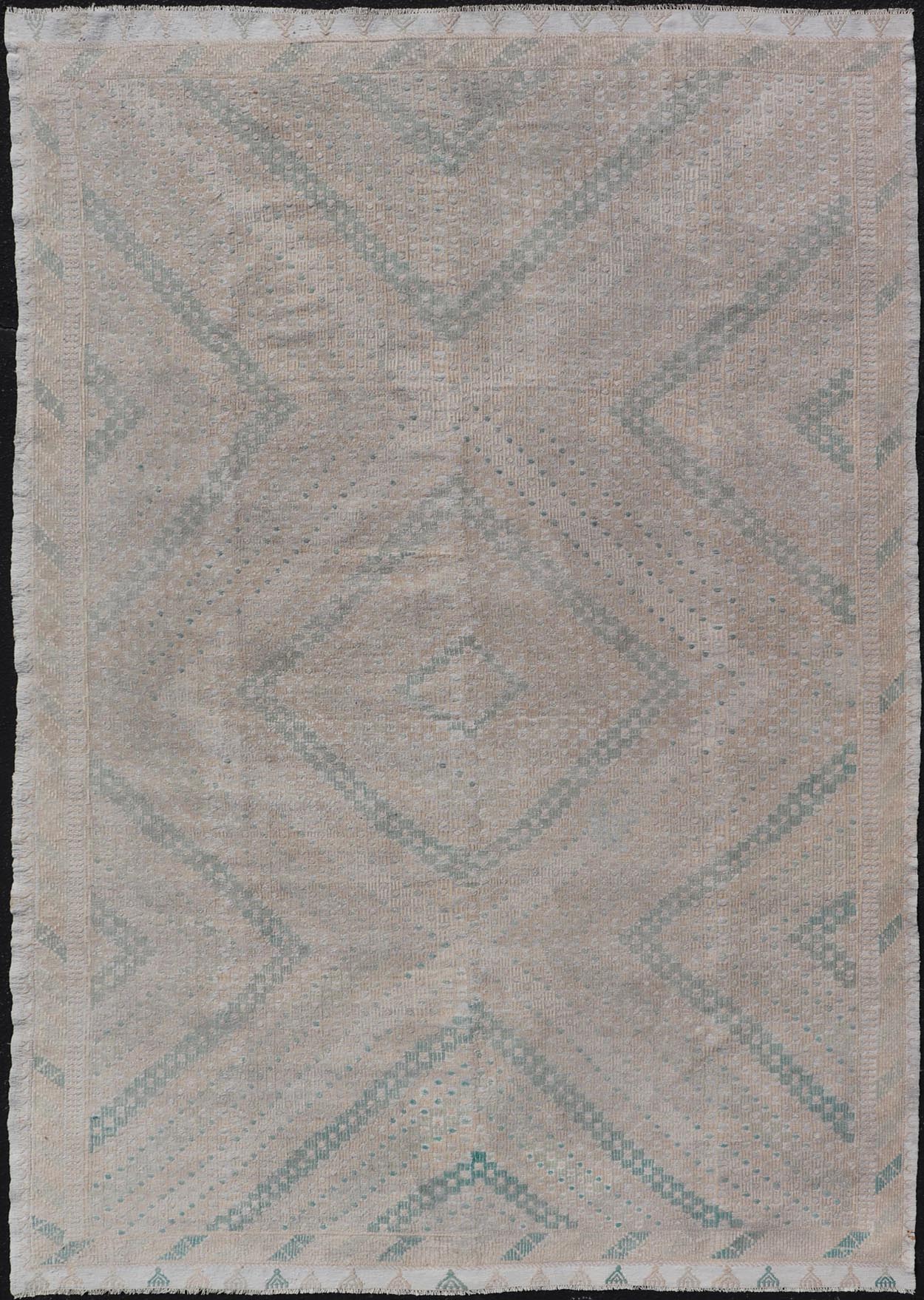 Embroidered Vintage Hand Woven Turkish Kilim with Geometric Diamond Design Embroidered vintage kilim rug from Turkey in shades of tan, light green, light gray, and cream with geometric pattern, Keivan Woven Arts / rug EN - 176848, country of orig... - Keivan Woven ArtsEN - 176848 - 18776Rug