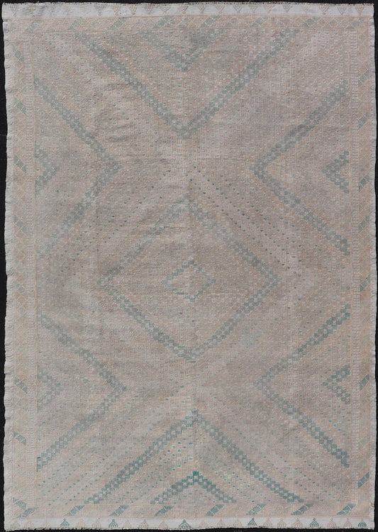 Embroidered Vintage Hand Woven Turkish Kilim with Geometric Diamond Design Embroidered vintage kilim rug from Turkey in shades of tan, light green, light gray, and cream with geometric pattern, Keivan Woven Arts / rug EN - 176848, country of orig... - Keivan Woven ArtsEN - 176848 - 18776Rug
