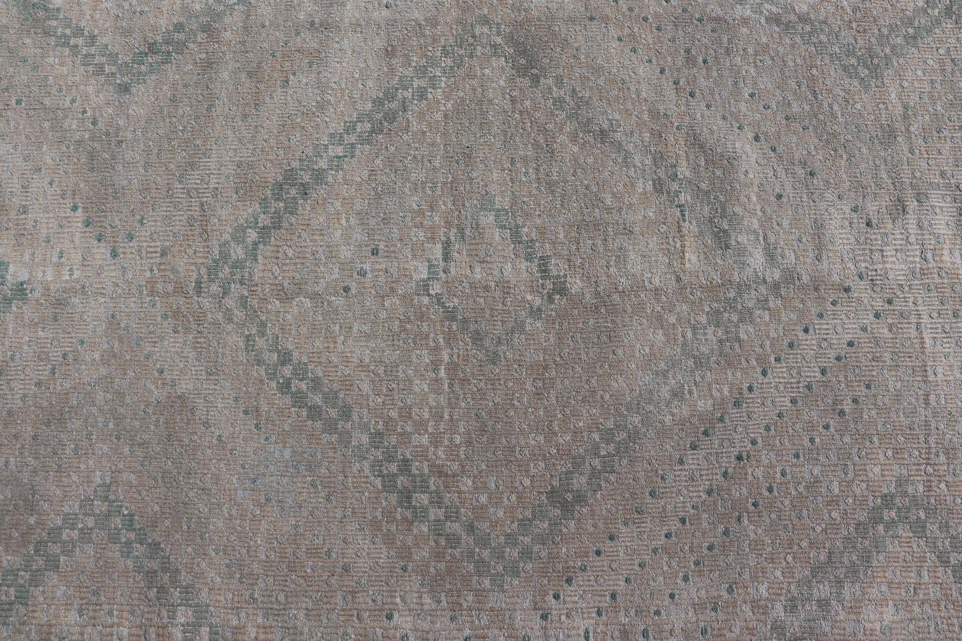 Embroidered Vintage Hand Woven Turkish Kilim with Geometric Diamond Design Embroidered vintage kilim rug from Turkey in shades of tan, light green, light gray, and cream with geometric pattern, Keivan Woven Arts / rug EN - 176848, country of orig... - Keivan Woven ArtsEN - 176848 - 18776Rug