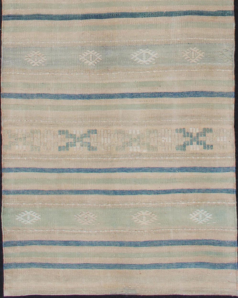 Vintage Turkish Kilim Runner With Stripes in Green, Gray and Cream Shades Measures: 2'8 x 10'1. This flat - woven Kilim runner from Turkey features an exciting composition consisting of stripes rendered in natural tones of brown, blue, and gray, a... - Keivan Woven ArtsEN - 176849 - 1 - 11229Rug