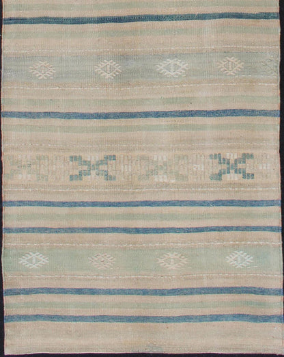 Vintage Turkish Kilim Runner With Stripes in Green, Gray and Cream Shades Measures: 2'8 x 10'1. This flat - woven Kilim runner from Turkey features an exciting composition consisting of stripes rendered in natural tones of brown, blue, and gray, a... - Keivan Woven ArtsEN - 176849 - 1 - 11229Rug