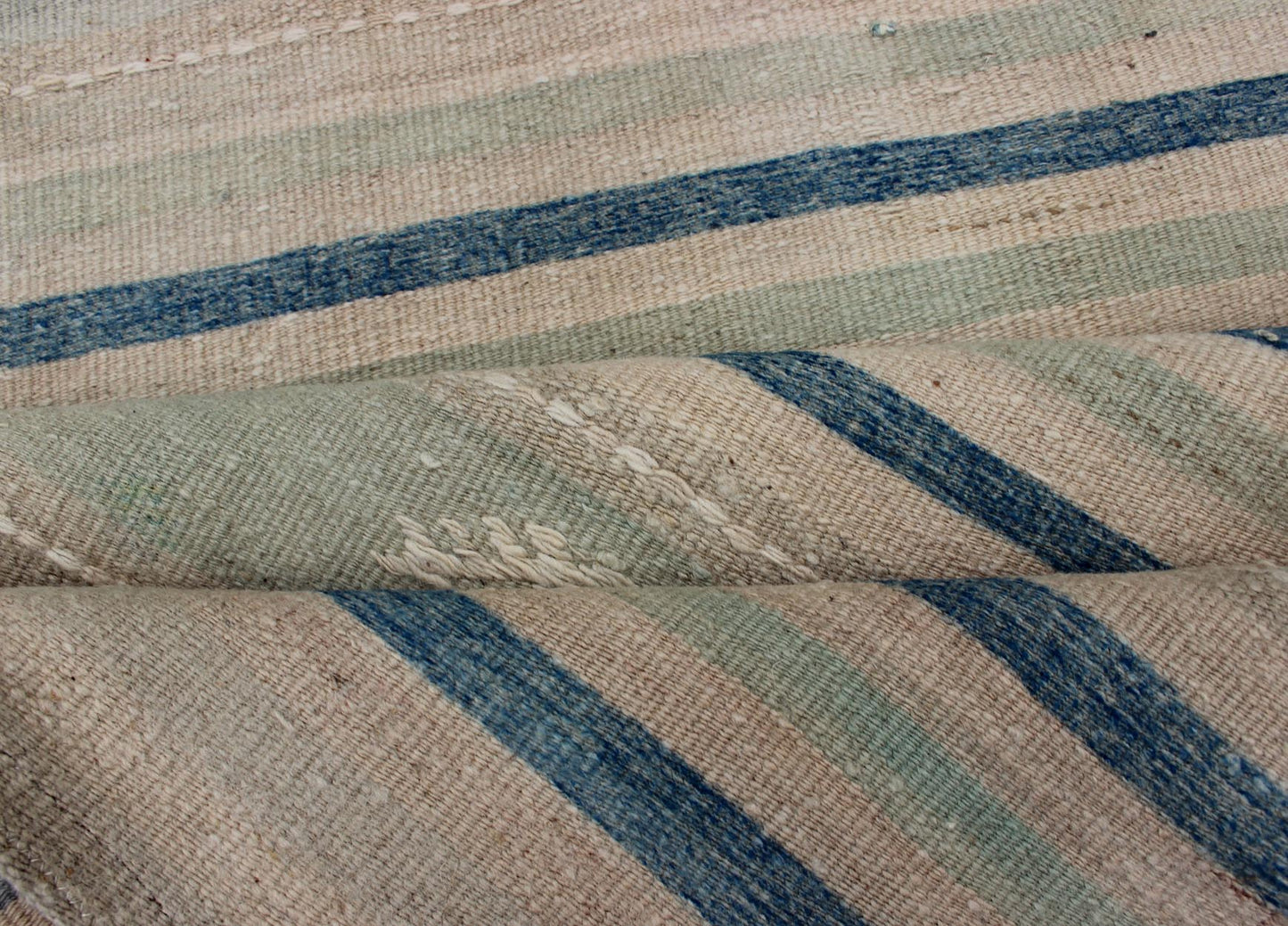 Vintage Turkish Kilim Runner With Stripes in Green, Gray and Cream Shades Measures: 2'8 x 10'1. This flat - woven Kilim runner from Turkey features an exciting composition consisting of stripes rendered in natural tones of brown, blue, and gray, a... - Keivan Woven ArtsEN - 176849 - 1 - 11229Rug