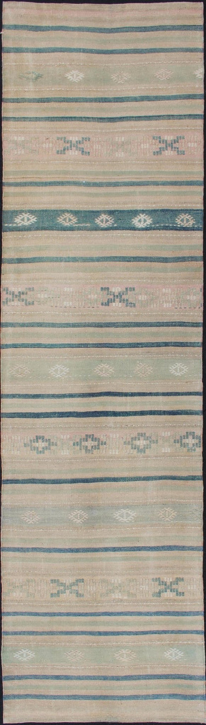 Vintage Turkish Kilim Runner With Stripes in Green, Gray and Cream Shades Measures: 2'8 x 10'1. This flat - woven Kilim runner from Turkey features an exciting composition consisting of stripes rendered in natural tones of brown, blue, and gray, a... - Keivan Woven ArtsEN - 176849 - 1 - 11229Rug