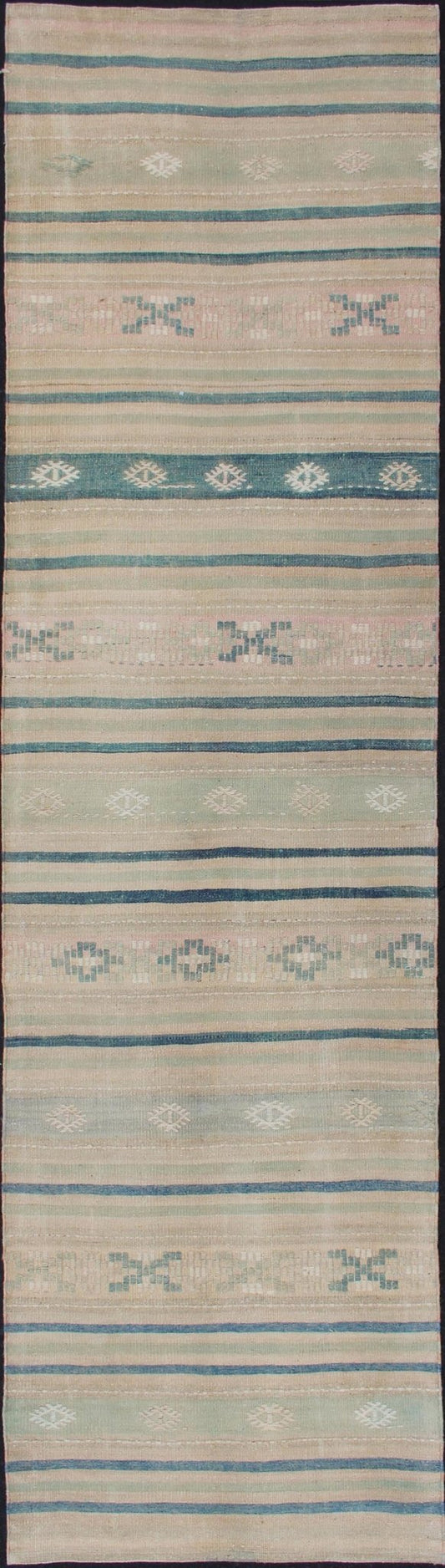 Vintage Turkish Kilim Runner With Stripes in Green, Gray and Cream Shades Measures: 2'8 x 10'1. This flat - woven Kilim runner from Turkey features an exciting composition consisting of stripes rendered in natural tones of brown, blue, and gray, a... - Keivan Woven ArtsEN - 176849 - 1 - 11229Rug