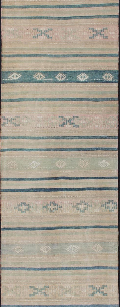 Vintage Turkish Kilim Runner With Stripes in Green, Gray and Cream Shades Measures: 2'8 x 10'1. This flat - woven Kilim runner from Turkey features an exciting composition consisting of stripes rendered in natural tones of brown, blue, and gray, a... - Keivan Woven ArtsEN - 176849 - 1 - 11229Rug