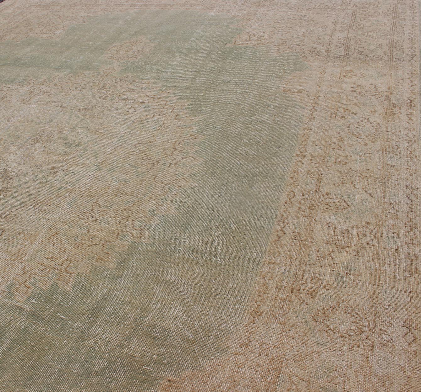 Distressed Turkish Carpet with Floral Medallion in Light Green, Tan and Taupe kwarugs Unique Turkish distressed rug with muted colors in taupe, light green, beige rug en - 176863, country of origin / type: Turkey / 1940, This vintage Turki... - Keivan Woven ArtsEN - 176863 - 12531Rug