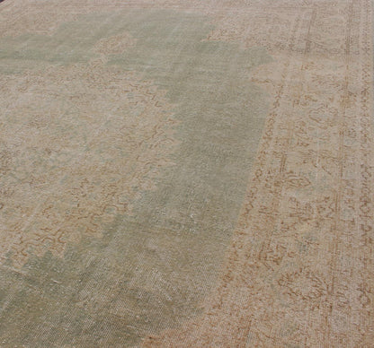 Distressed Turkish Carpet with Floral Medallion in Light Green, Tan and Taupe kwarugs Unique Turkish distressed rug with muted colors in taupe, light green, beige rug en - 176863, country of origin / type: Turkey / 1940, This vintage Turki... - Keivan Woven ArtsEN - 176863 - 12531Rug