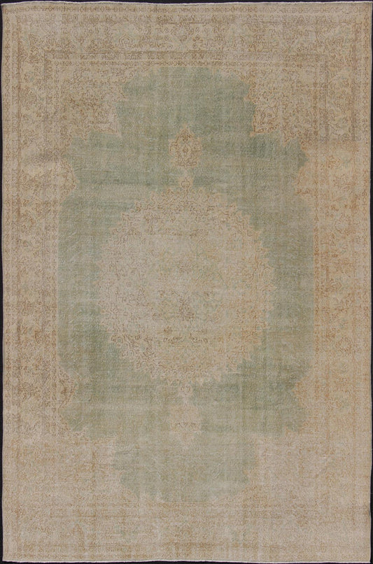 Distressed Turkish Carpet with Floral Medallion in Light Green, Tan and Taupe kwarugs Unique Turkish distressed rug with muted colors in taupe, light green, beige rug en - 176863, country of origin / type: Turkey / 1940, This vintage Turki... - Keivan Woven ArtsEN - 176863 - 12531