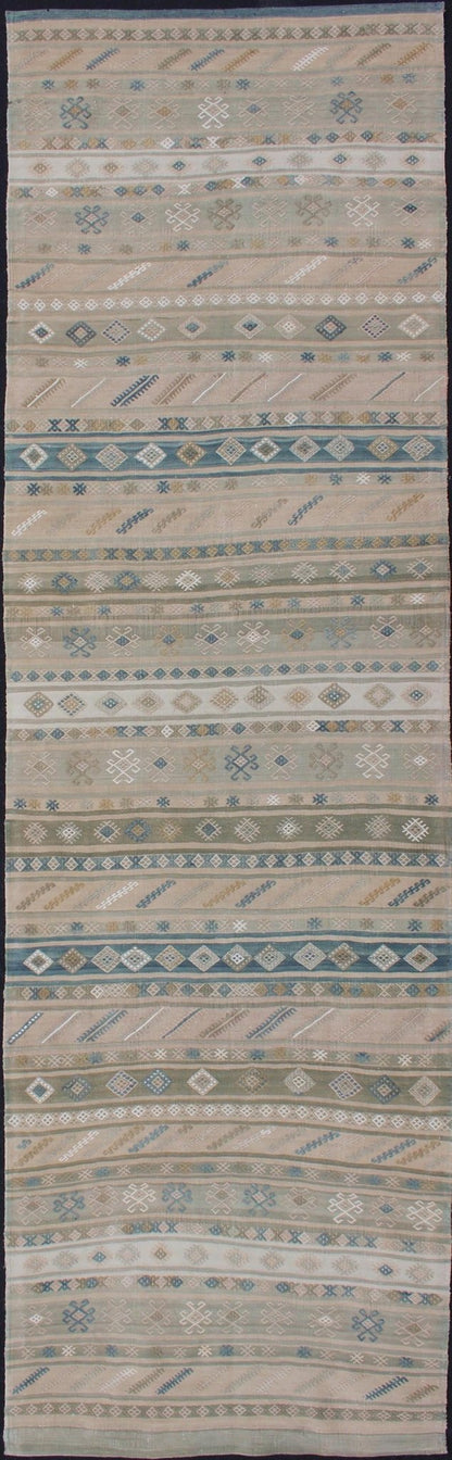 Natural - Toned Turkish Flat - Weave Kilim With Geometric Stripes And Motifs Stripe design Kilim runner with geometric motifs. Keivan Woven Arts / rug en - 176922, country of origin / type: Turkey / Kilim, circa 1950 This flat - woven Kilim runne... - Keivan Woven ArtsEN - 176922 - 11411Rug