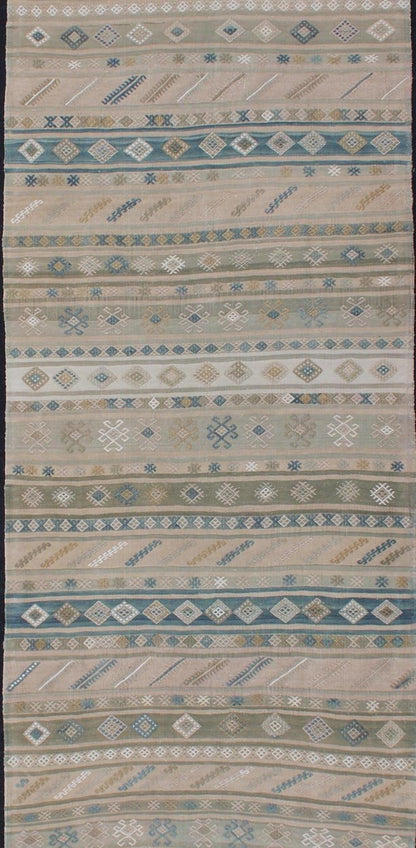 Natural - Toned Turkish Flat - Weave Kilim With Geometric Stripes And Motifs Stripe design Kilim runner with geometric motifs. Keivan Woven Arts / rug en - 176922, country of origin / type: Turkey / Kilim, circa 1950 This flat - woven Kilim runne... - Keivan Woven ArtsEN - 176922 - 11411Rug