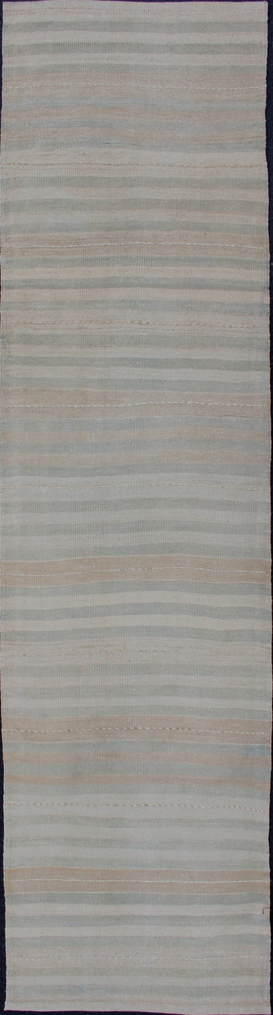 Vintage Turkish Kilim Runner with a Stripe and Modern Design in Neutral Tones Vintage Turkish Kilim runner with a stripe and modern design, Minimalist stripe design Kilim runner from Turkey. Keivan Woven Arts / rug EN - 176929, country of origin /... - Keivan Woven ArtsEN - 176929 - 12747Rug