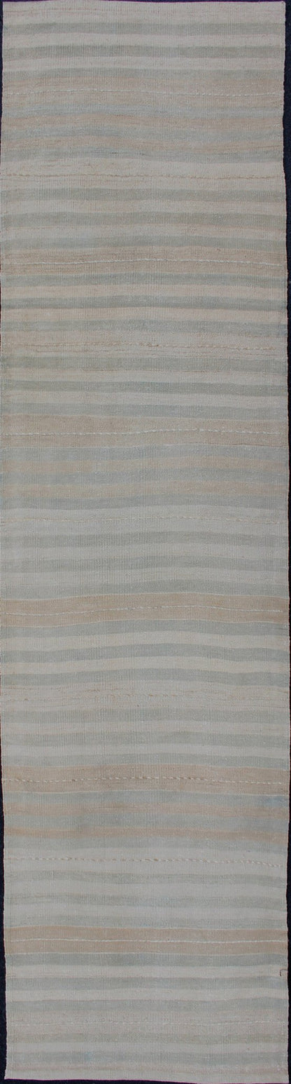 Vintage Turkish Kilim Runner with a Stripe and Modern Design in Neutral Tones Vintage Turkish Kilim runner with a stripe and modern design, Minimalist stripe design Kilim runner from Turkey. Keivan Woven Arts / rug EN - 176929, country of origin /... - Keivan Woven ArtsEN - 176929 - 12747Rug