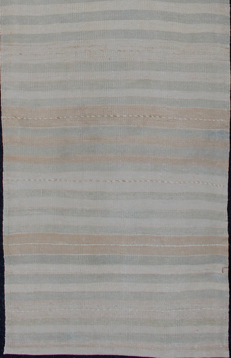 Vintage Turkish Kilim Runner with a Stripe and Modern Design in Neutral Tones Vintage Turkish Kilim runner with a stripe and modern design, Minimalist stripe design Kilim runner from Turkey. Keivan Woven Arts / rug EN - 176929, country of origin /... - Keivan Woven ArtsEN - 176929 - 12747Rug